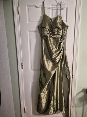 Olive Green Satin Evening Dress with Draped Detail And Nack Scarf. Sexy!